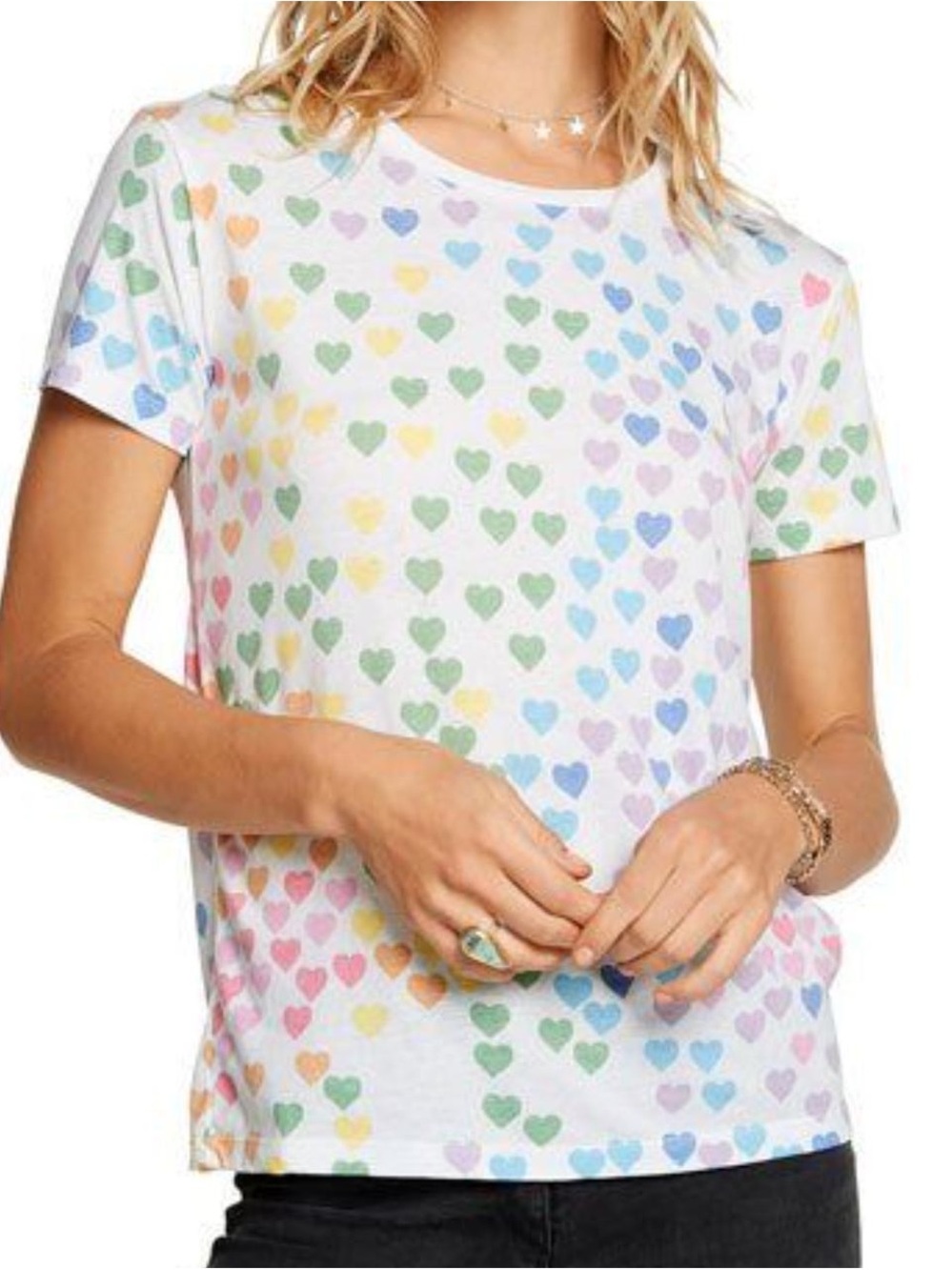 CHASER White Cotton Blend Tee w Pastel Rainbow Hearts Short Sleeve T-Shirt Top